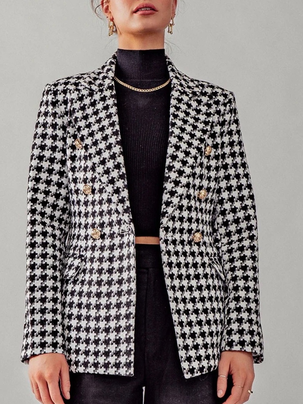 Houndstooth Double-Breasted Blazer Jacket - Black & White